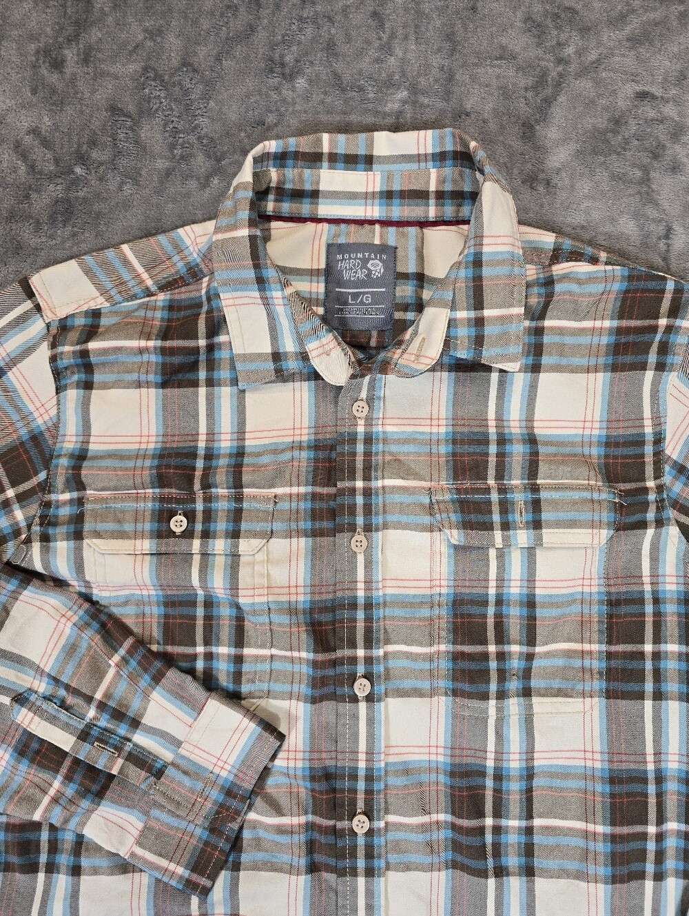 Mountain Hardwear Plaid Button Up Shirt Size Large Brown Blue Red Pocket